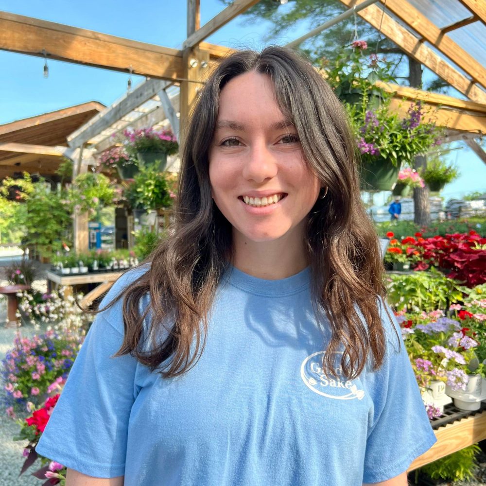 A person wearing a blue shirt stands in a sunlit greenhouse surrounded by vibrant flowers and plants. Wooden beams are visible above.