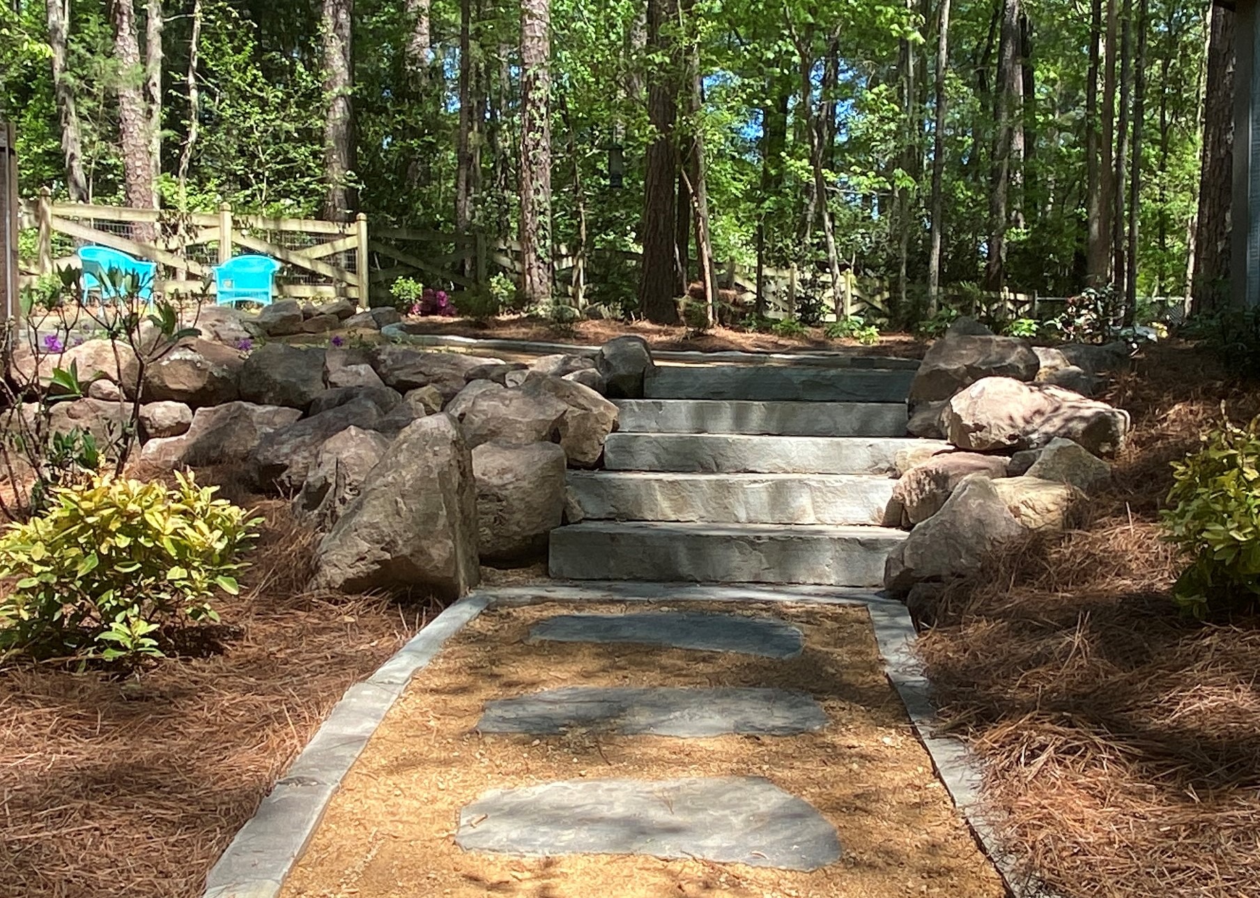 Stone steps lead through a tranquil forest garden with rocks and shrubbery, creating a serene, natural pathway under dappled sunlight.