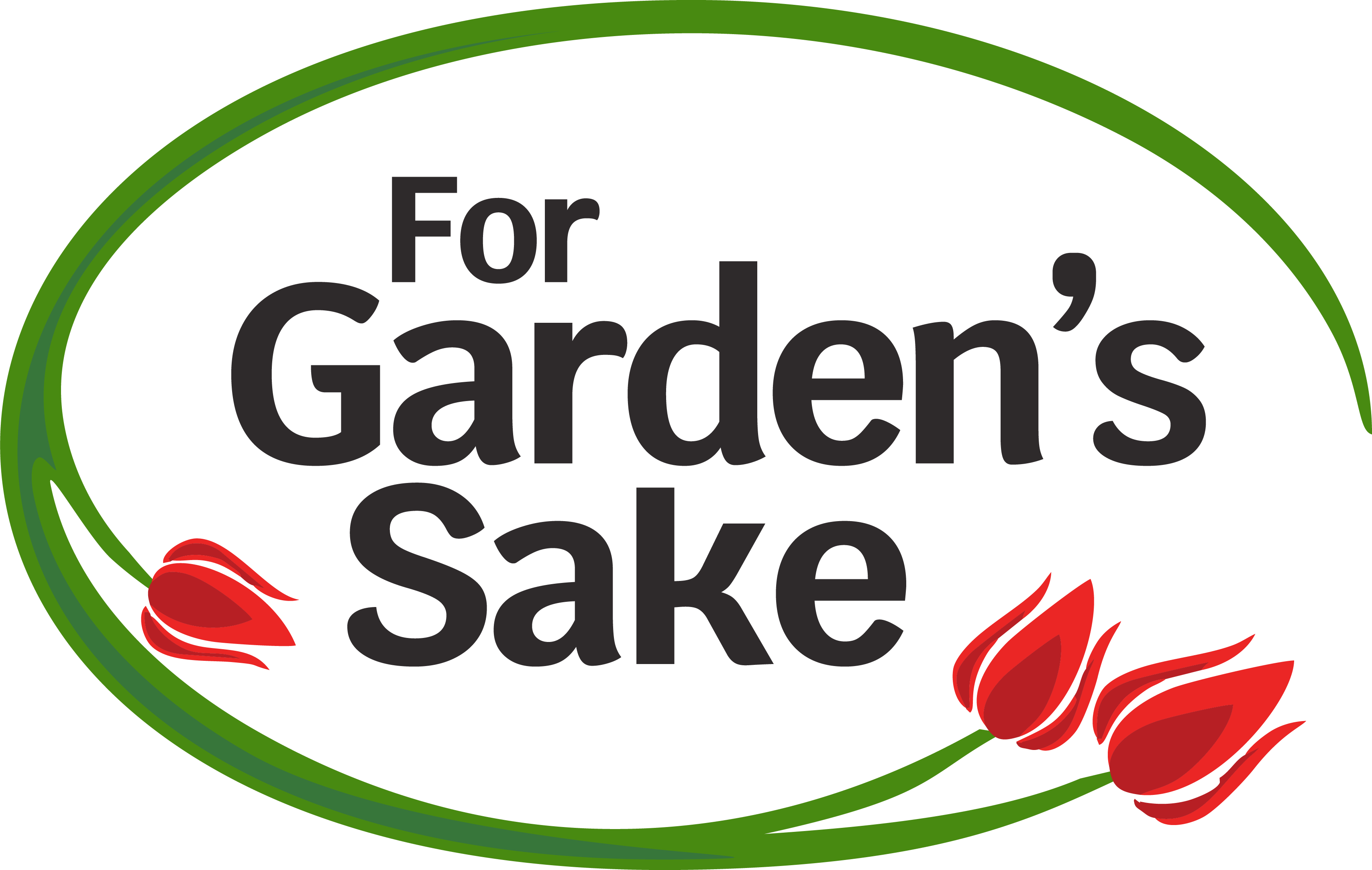 A logo features the text "For Garden's Sake" encircled by a green vine with three red tulips, set against a black background.