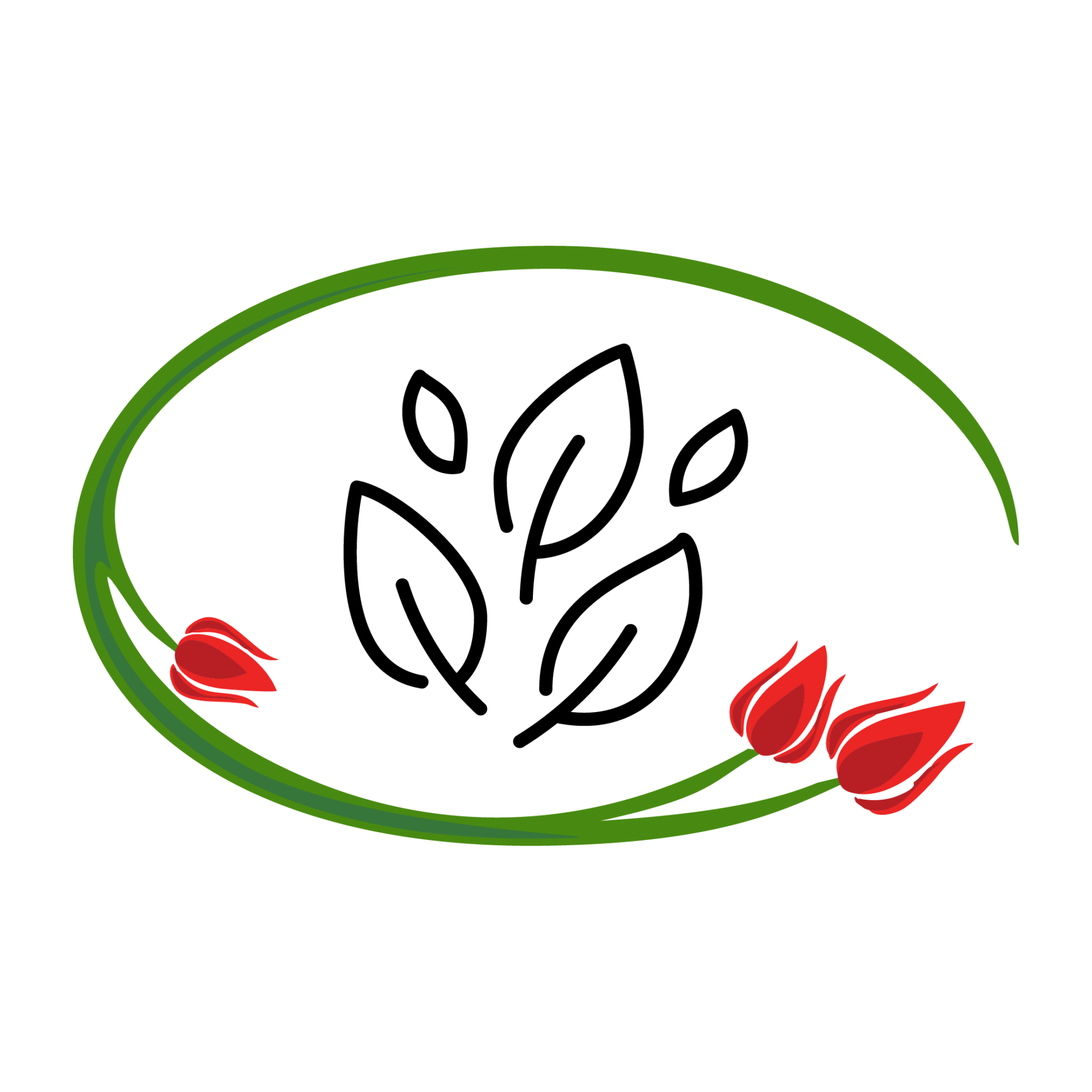 A digital illustration featuring a green vine forming an incomplete oval with three red tulips positioned along its curving path against a black background.