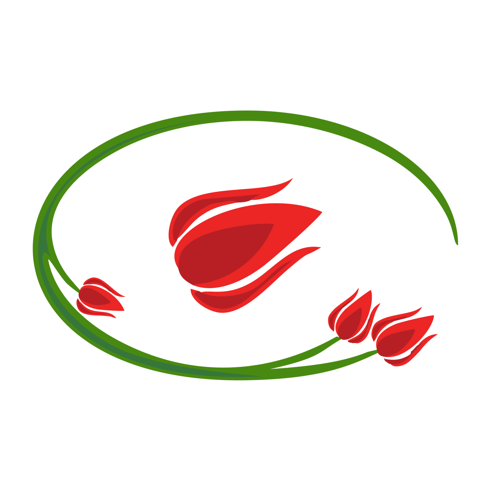 Stylized illustration of red tulips within a green oval shape, set against a black background. The design is simplistic and modern.