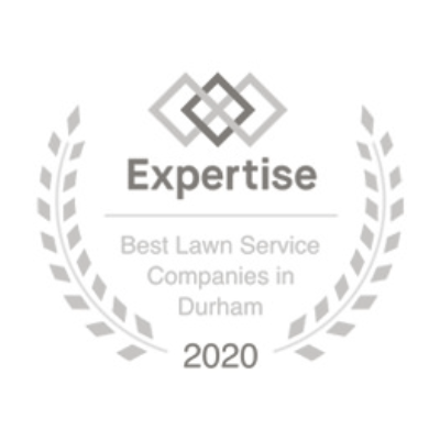 An award image displaying "Expertise Best Lawn Service Companies in Durham 2020" with a laurel wreath design and decorative geometric pattern above the text.