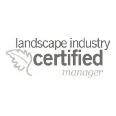 Logo with text "landscape industry certified manager" and a leaf graphic, representing a certification in landscape management. Simple, monochrome design.