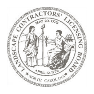 Seal of the North Carolina Landscape Contractors' Licensing Board, featuring two figures with a staff and cornucopia, along with dates from 1775 and 1776.