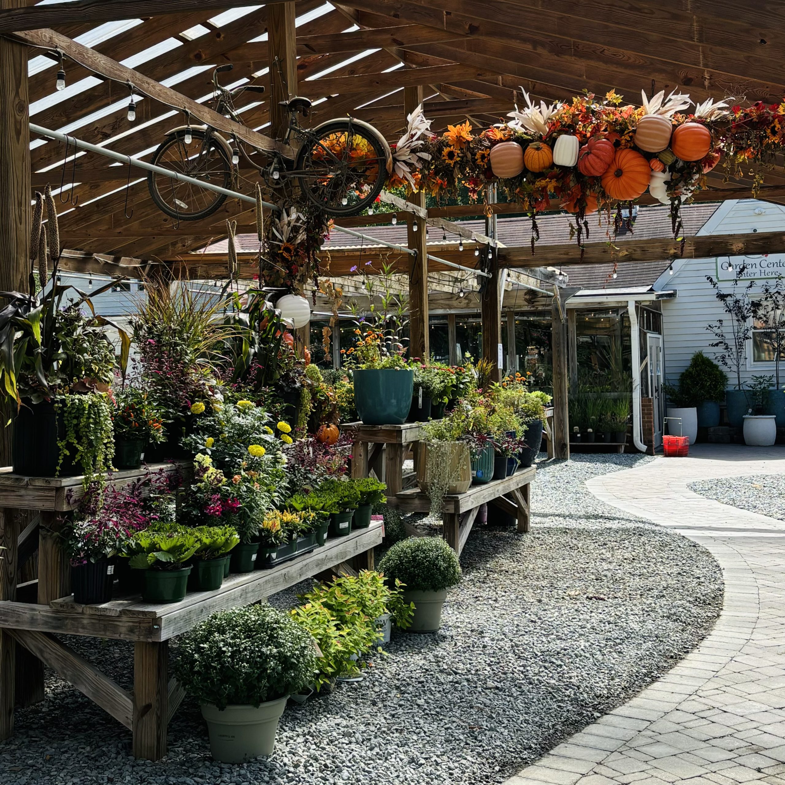 Outdoor garden center with various potted plants on wooden tables. Overhead, a rustic bicycle and decorative pumpkins hang. Gravel pathways surround the area.