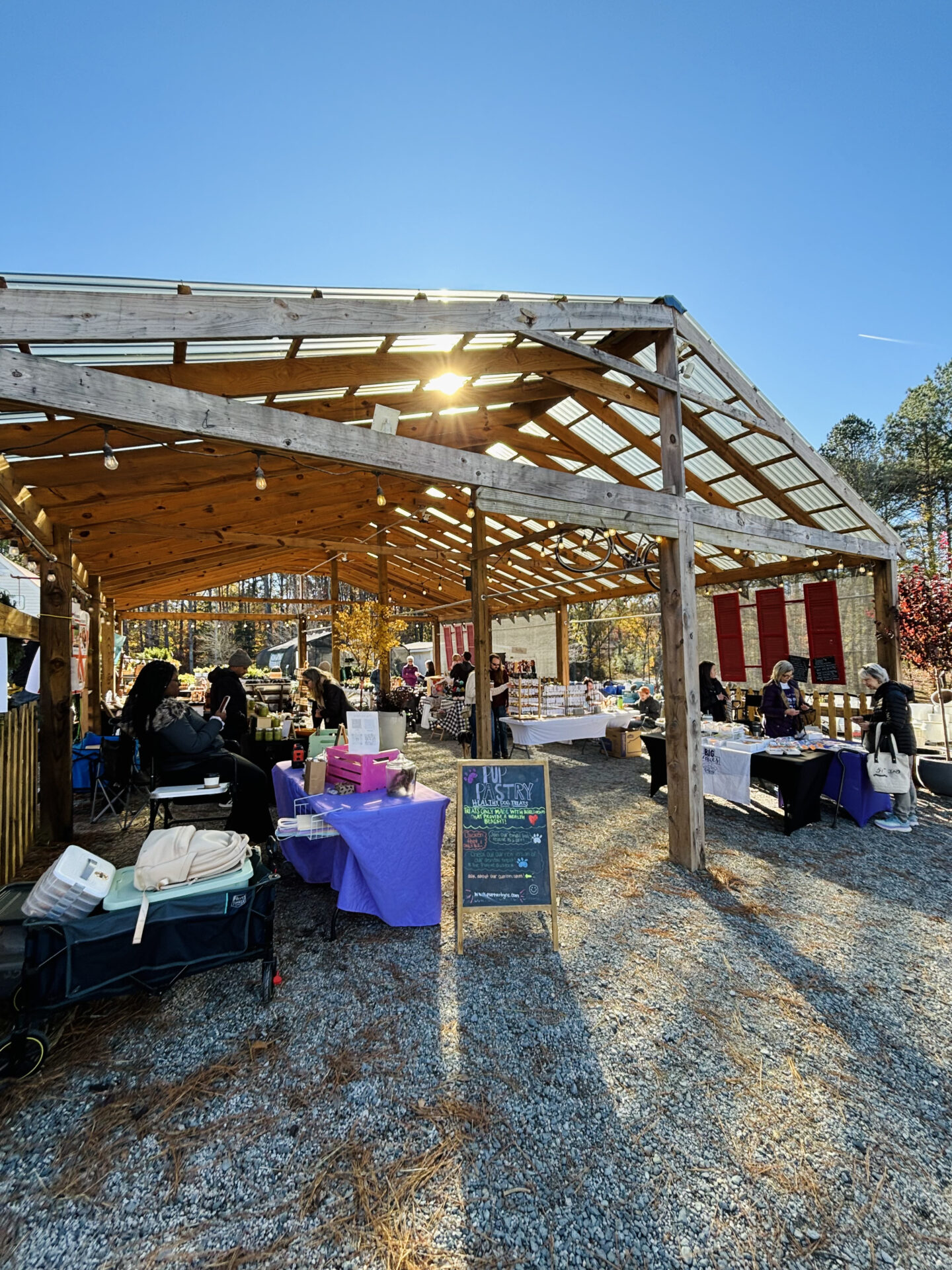 Outdoor market scene with people under a wooden pavilion displaying goods on tables. The atmosphere is lively and sunlit, surrounded by trees.