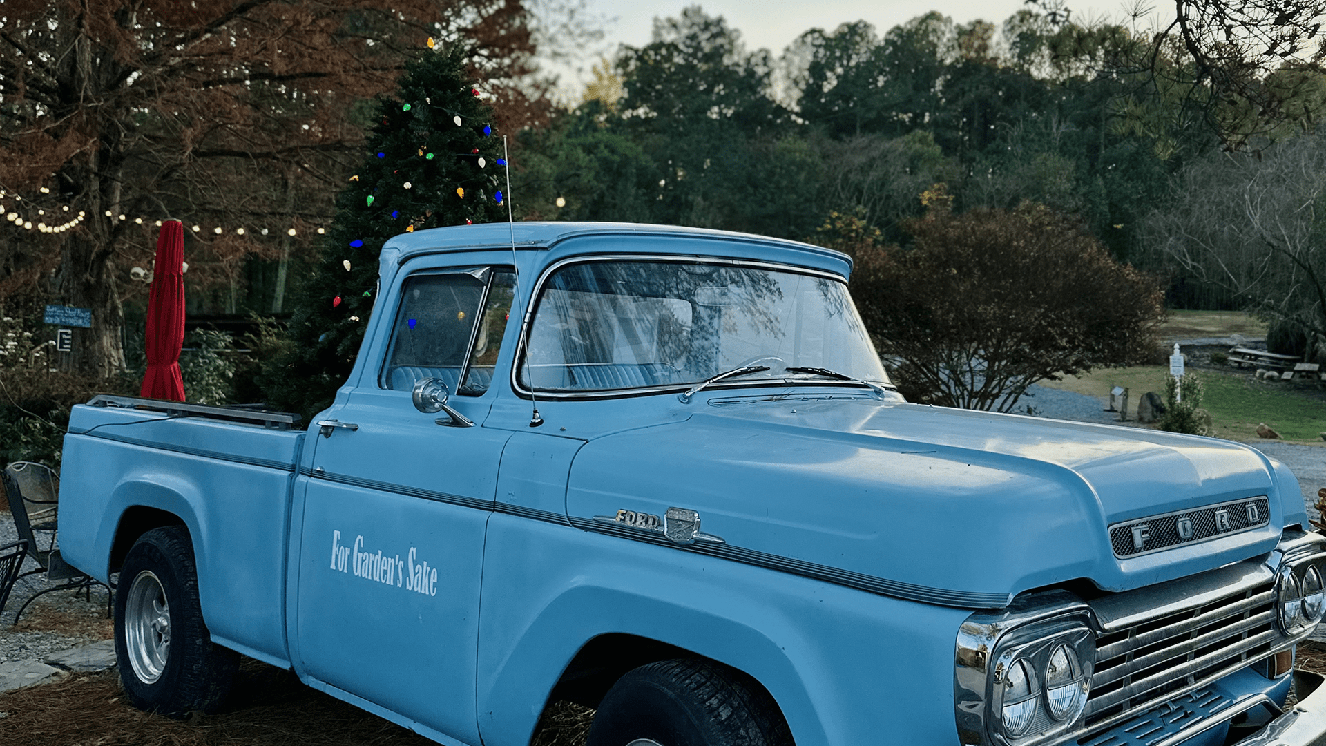 A vintage blue Ford truck is parked outdoors, near a decorated Christmas tree, with a background of trees and a lawn area.