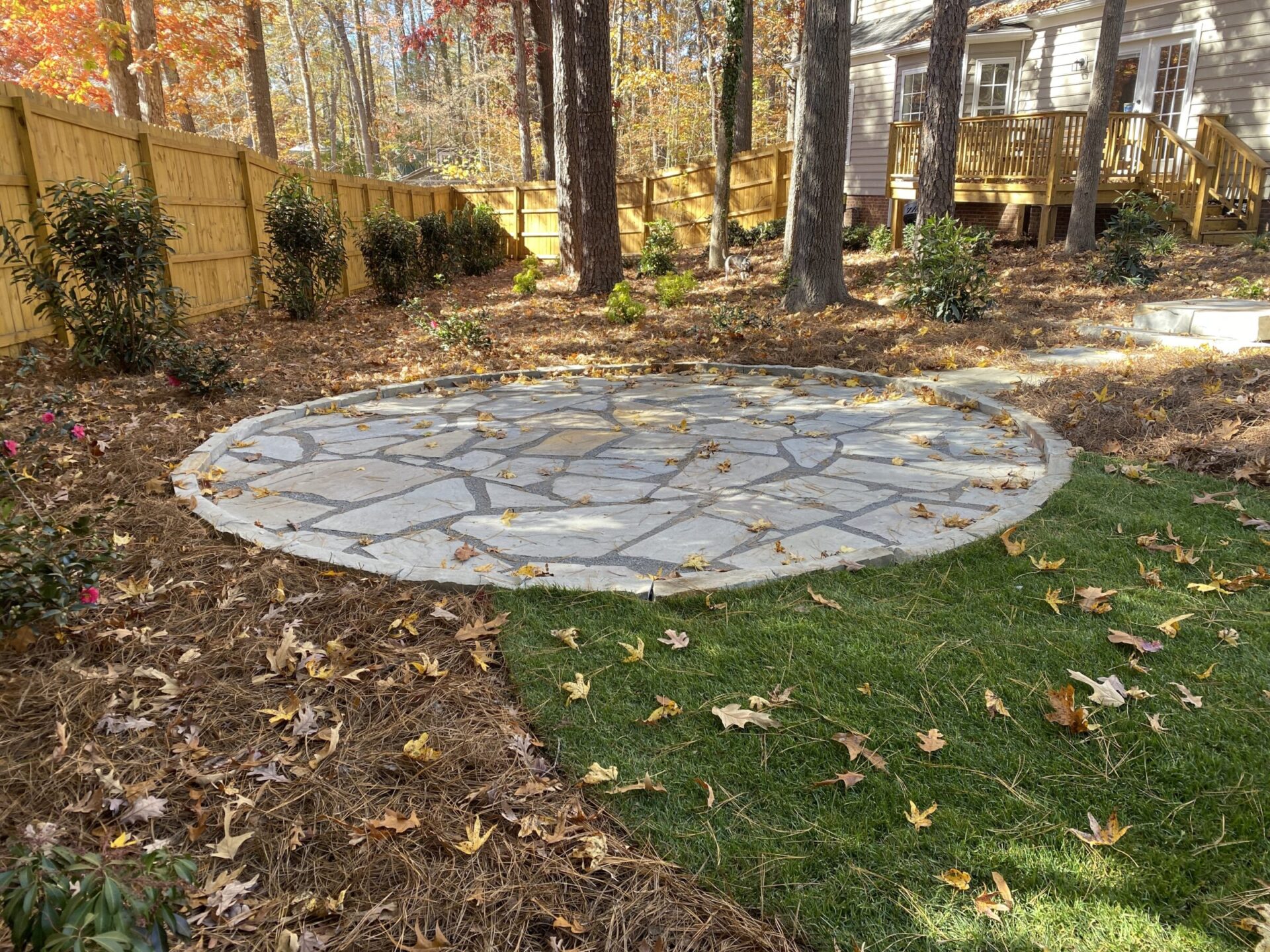 Circular stone patio amidst a wooded backyard, surrounded by grass and mulch, with a wooden fence and house visible in the background.