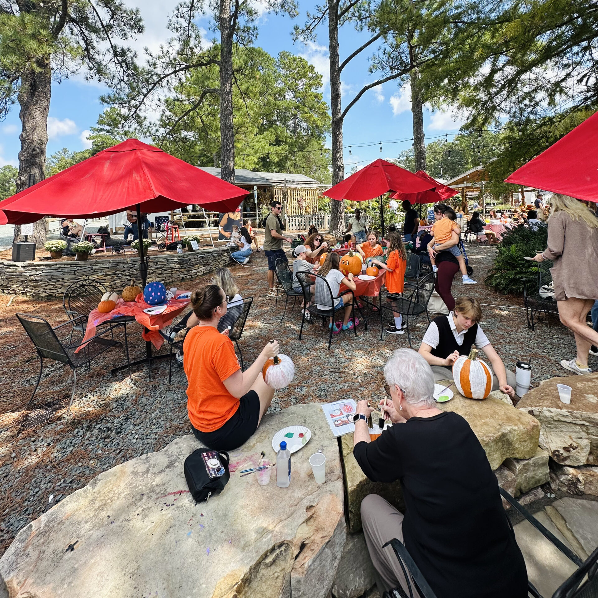 People and children painting pumpkins outdoors under red umbrellas, surrounded by trees and tables, in a casual, engaging gathering.