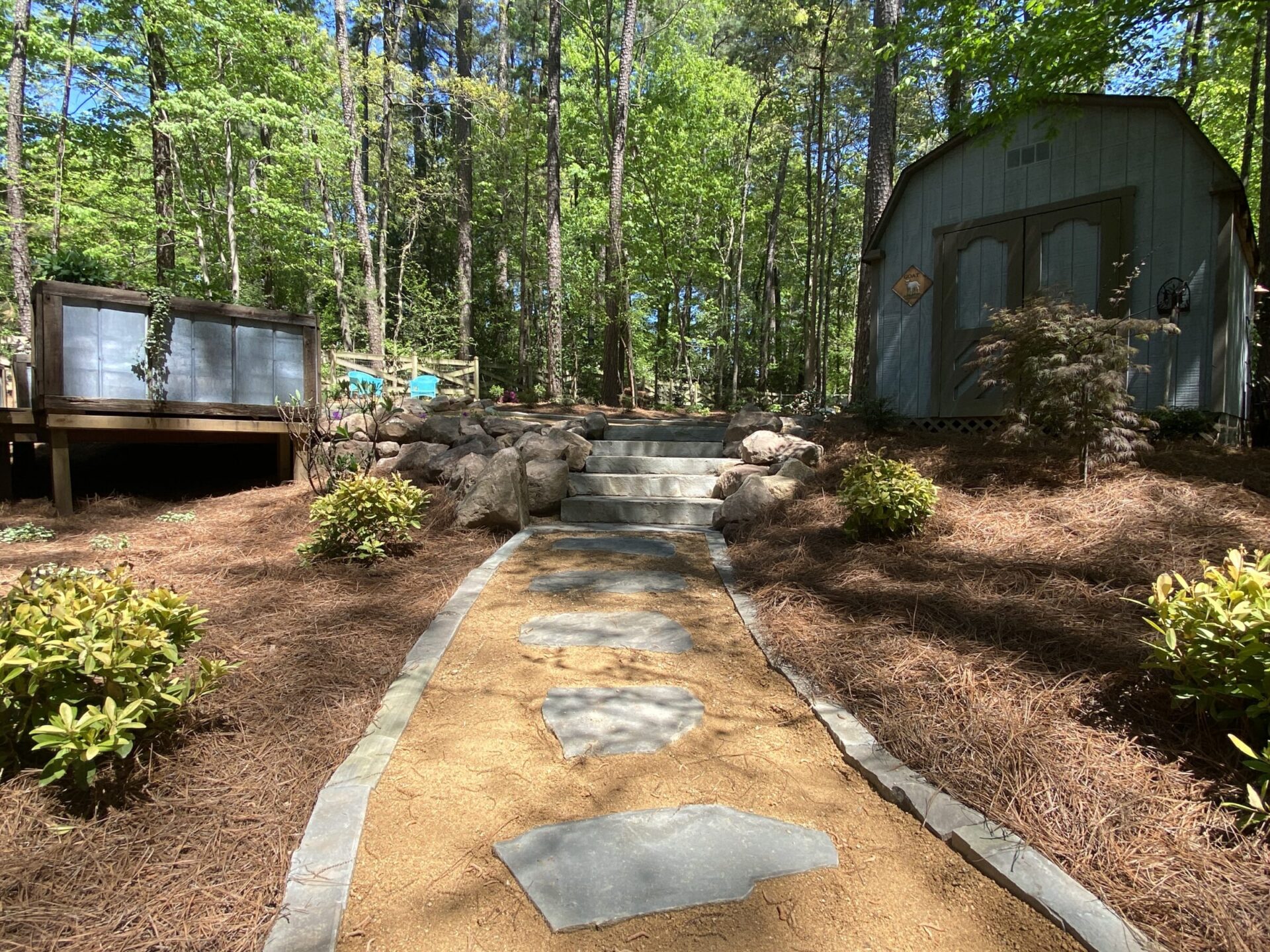 A rustic garden path leads to a wooden shed amidst tall trees, surrounded by rocks and greenery, under a sunny, clear sky.