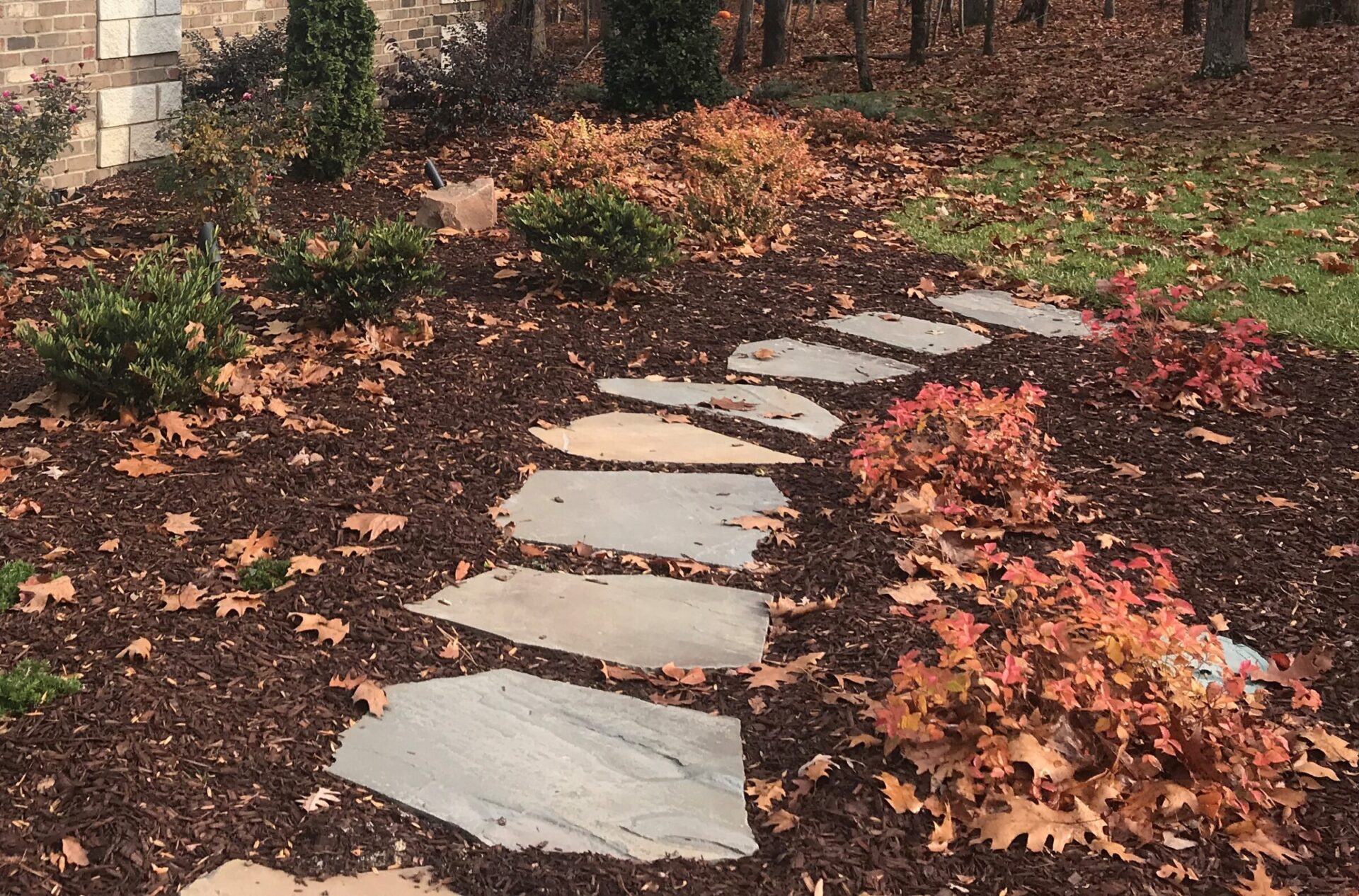 A garden scene with a stone path, surrounded by autumn leaves and bushes, adjacent to a house with brick siding.