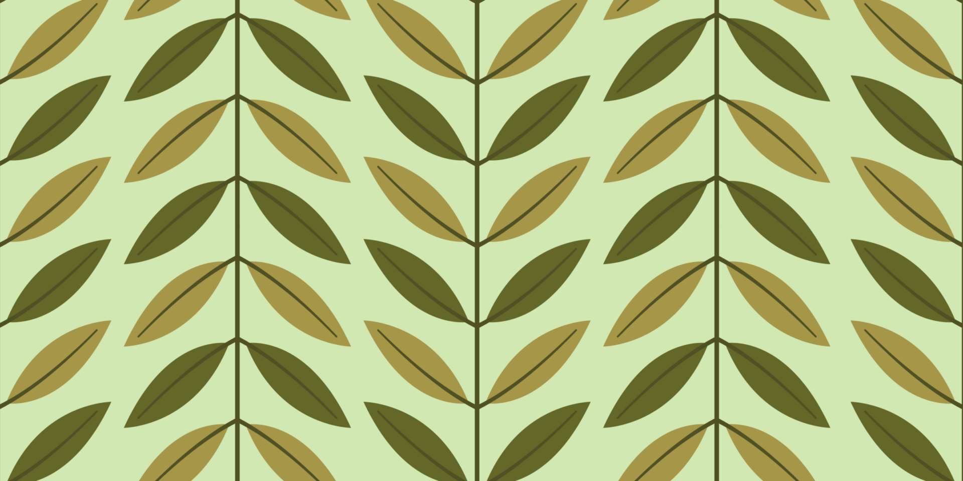 A seamless pattern featuring symmetrical, stylized leaves in shades of green and beige on a light green background, creating a natural, repeating design.