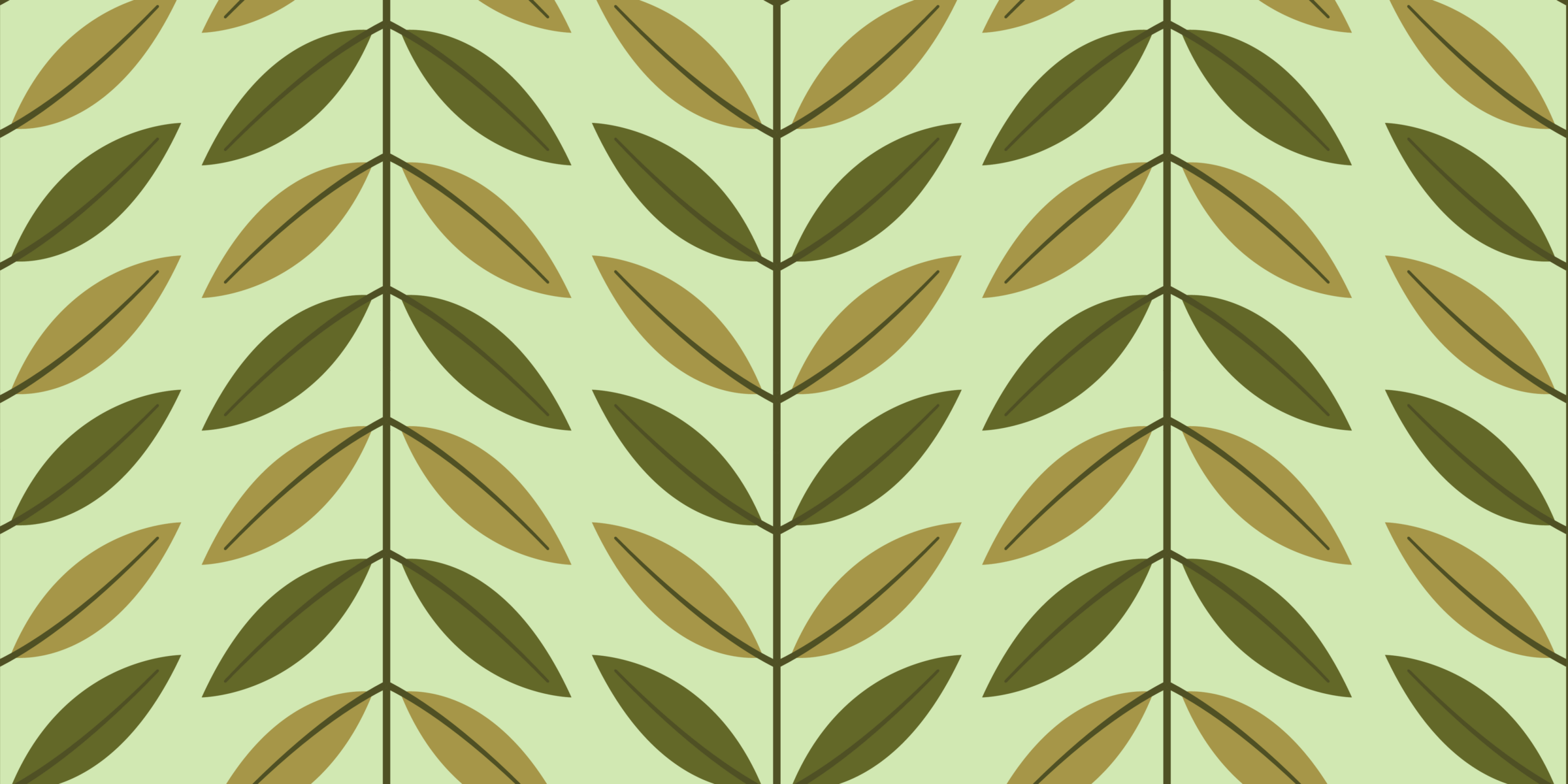 A seamless pattern featuring symmetrical, stylized leaves in shades of green and beige on a light green background, creating a natural, repeating design.