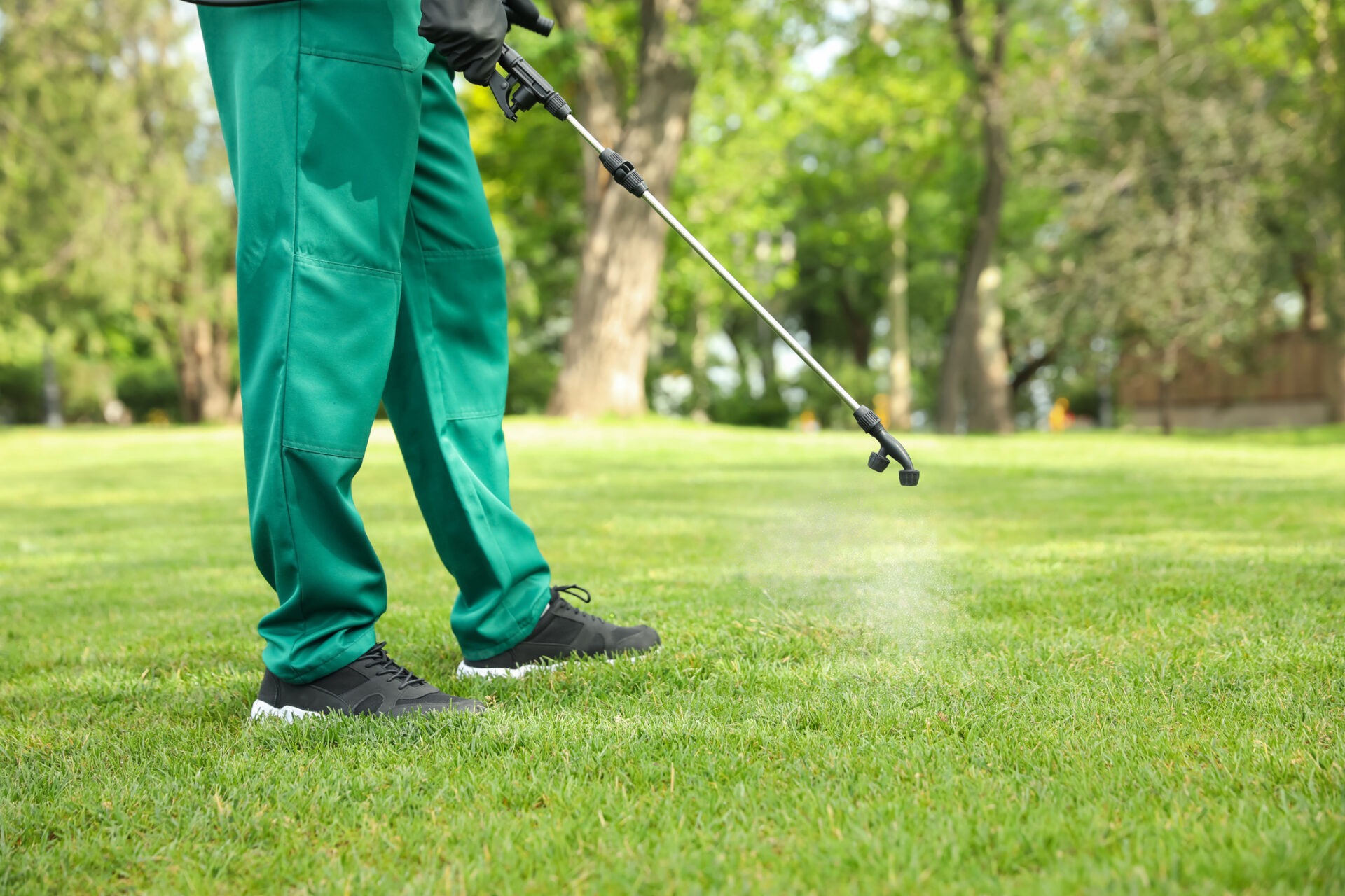 A person in green outfit sprays lawn with a wand, surrounded by trees and greenery in a park setting.