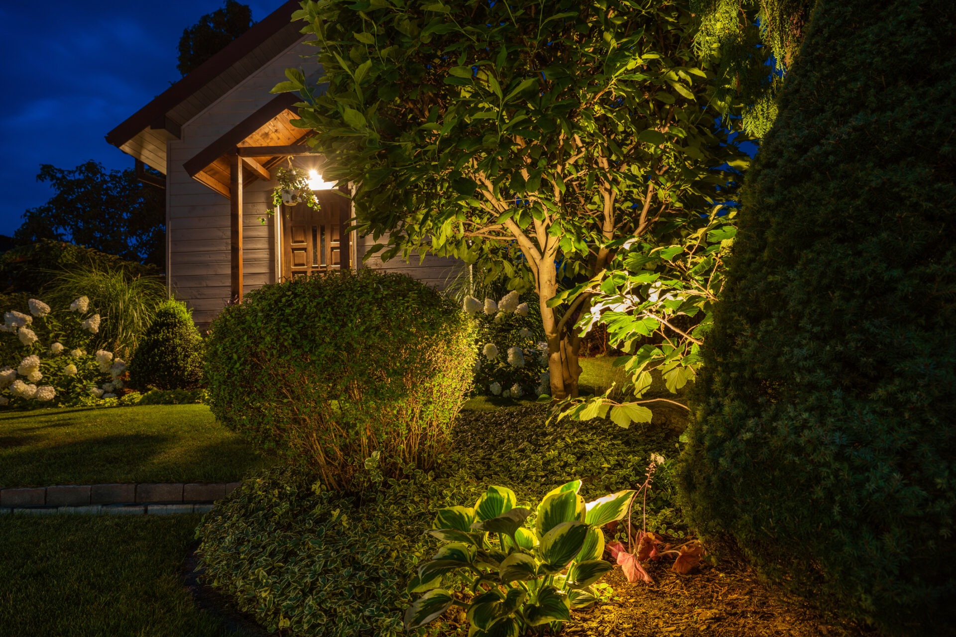 Cozy house at night surrounded by lush, well-lit garden greenery, including hedges and a small tree, creating a tranquil, inviting atmosphere.