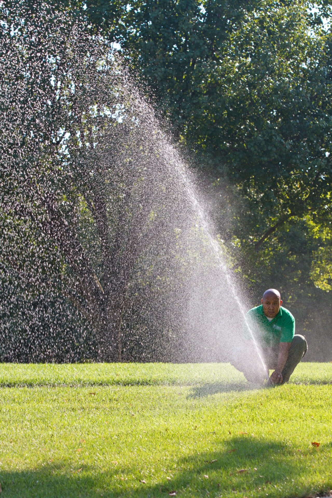 A person on a grassy field adjusts a water sprinkler, surrounded by lush trees on a bright, sunny day.