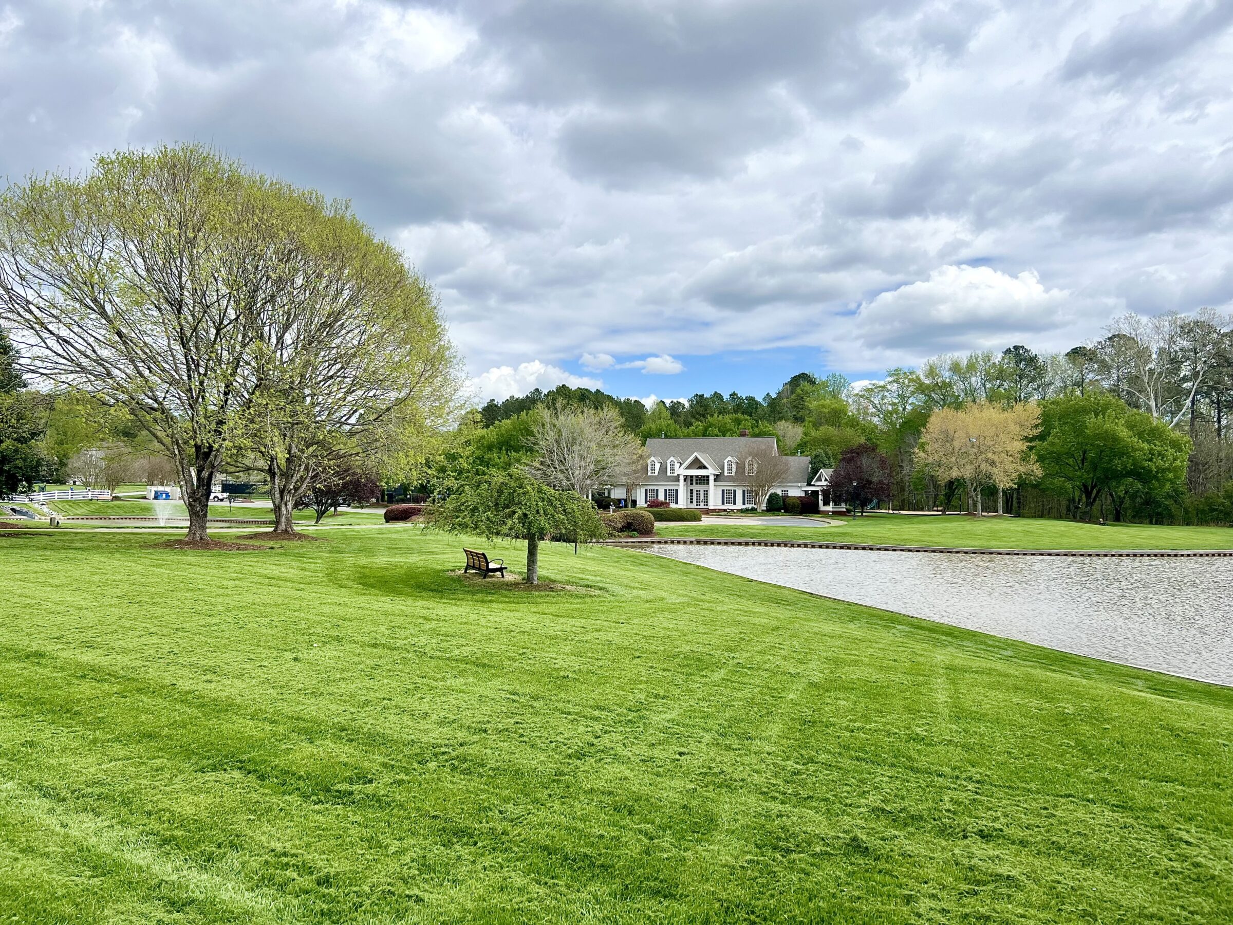 A serene park with lush green grass, large trees, a wooden bench, a calm pond, and a house in the distance under a cloudy sky.
