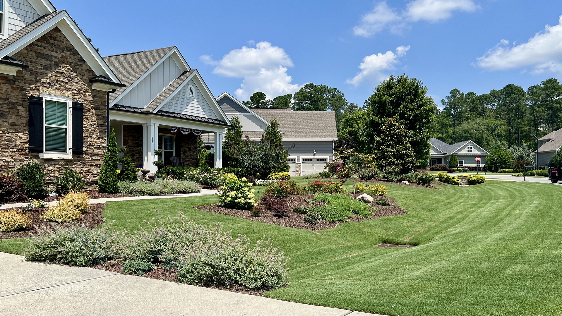 Suburban neighborhood with well-maintained lawns, flower beds, and modern houses under a blue sky. The scene is peaceful and residential with green surroundings.