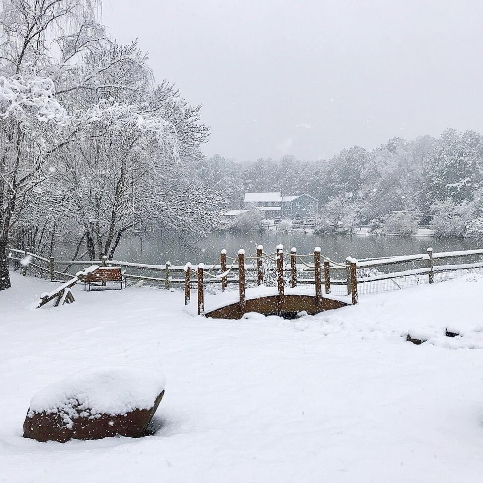 A serene snowy landscape featuring a small bridge, snow-covered trees, and a house by a lake in winter.