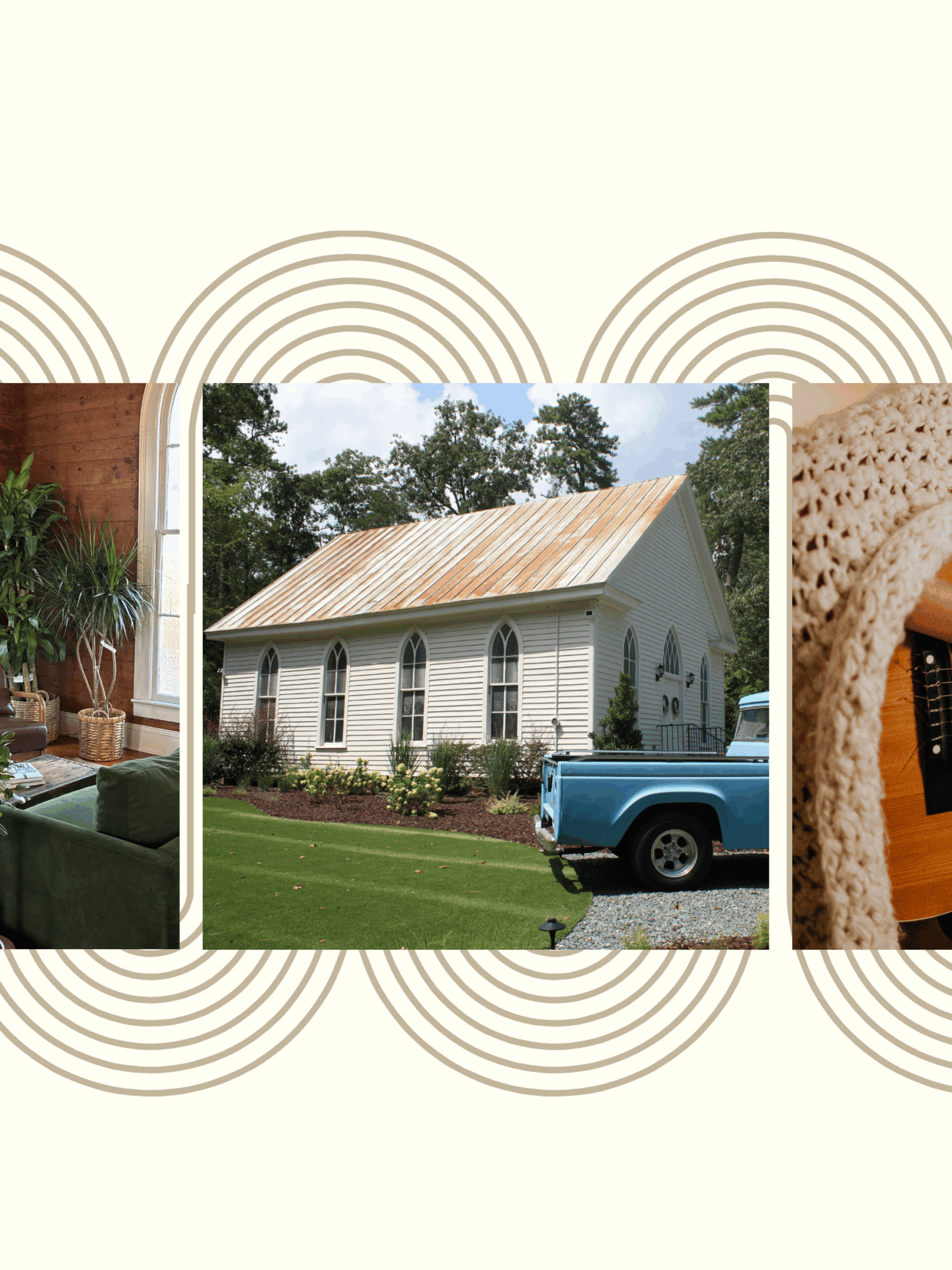 A quaint white chapel with Gothic windows, surrounded by lush greenery. Nearby, a vintage blue truck. Cozy interior with plants and guitar.