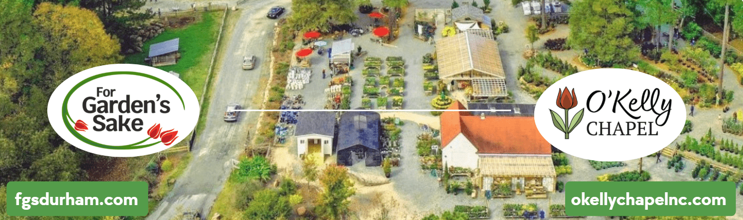 Aerial view of a garden center with plants, greenhouses, and outdoor seating. Logos for "For Garden's Sake" and "O'Kelly Chapel" are visible.